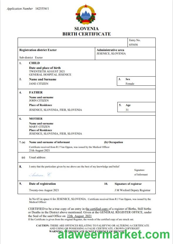 Slovenia birth certificate Word and PDF template
